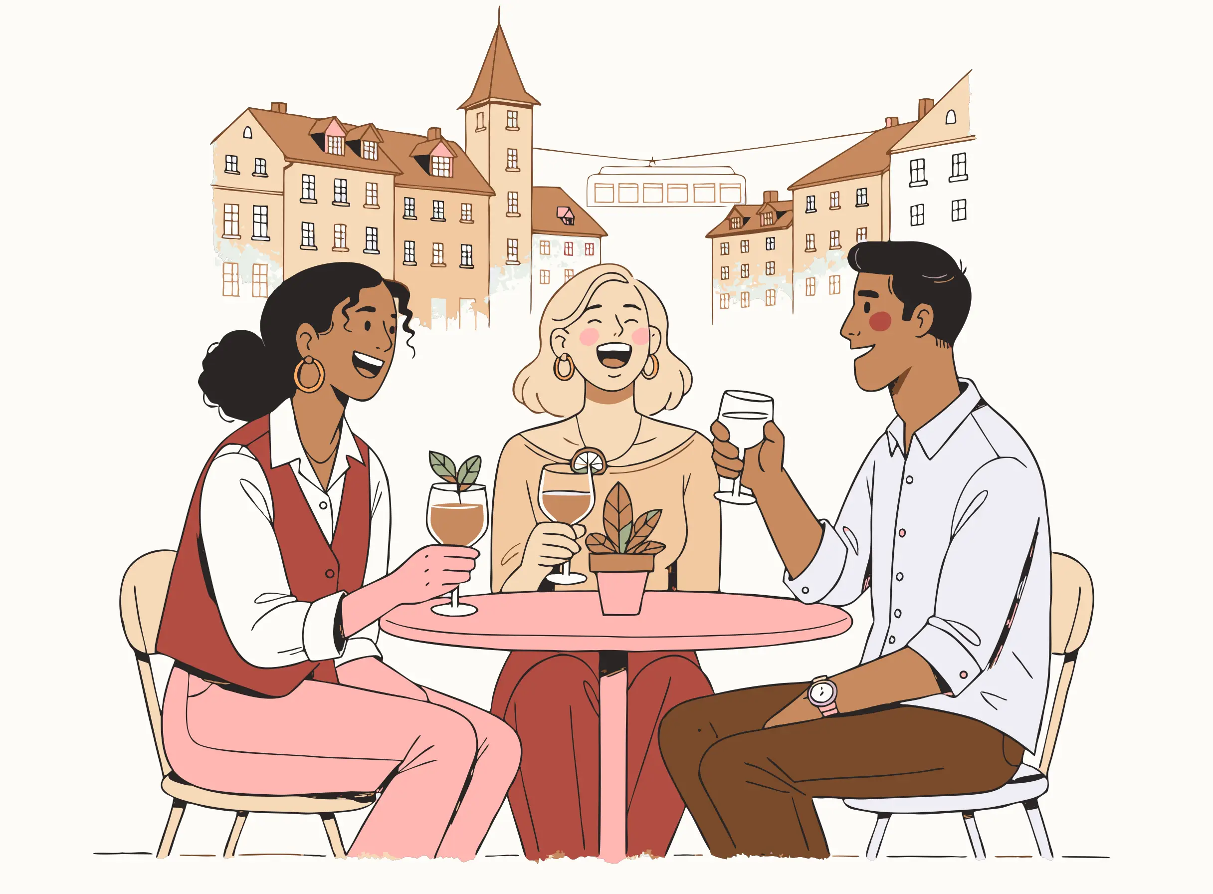 Illustration: eine Person geniesst die Zeit mit Freunden in der Stadt.